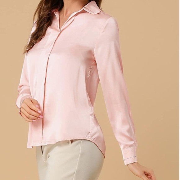 Allegra K Women's Elegant Blush Mauve Pink Long Sleeve Office Work Satin Blouse - Picture 3 of 9